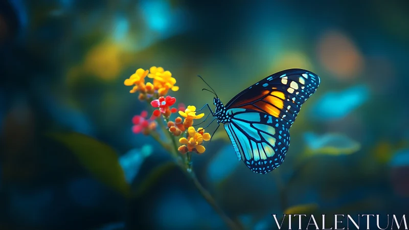 Blue butterfly resting on yellow and red wildflowers.