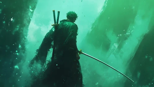 Lone swordsman with katanas in green misty environment.