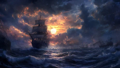 Storm-tossed galleon under turbulent sunset sky and luminous clouds