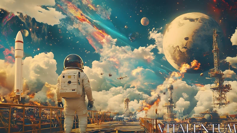 Solitary suited figure on industrial space launch platform.