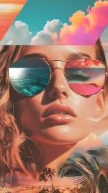Neon tropical portrait with mirrored ocean sunglasses.