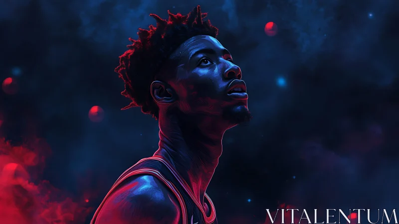 Neon lit basketball player portrait against dark space sky.