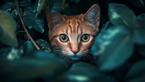 Orange tabby cat stares forward through foliage with vivid amber eyes.