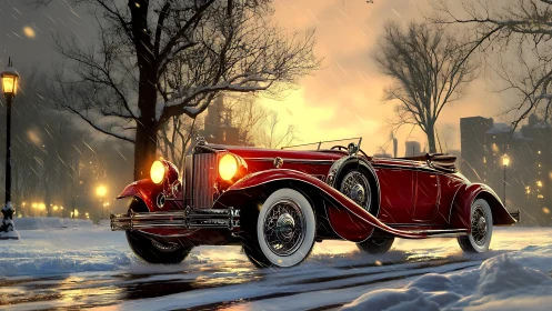 Crimson classic roadster amid snowlit city boulevard twilight.