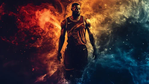 Basketball player rendered against dual-color abstract background