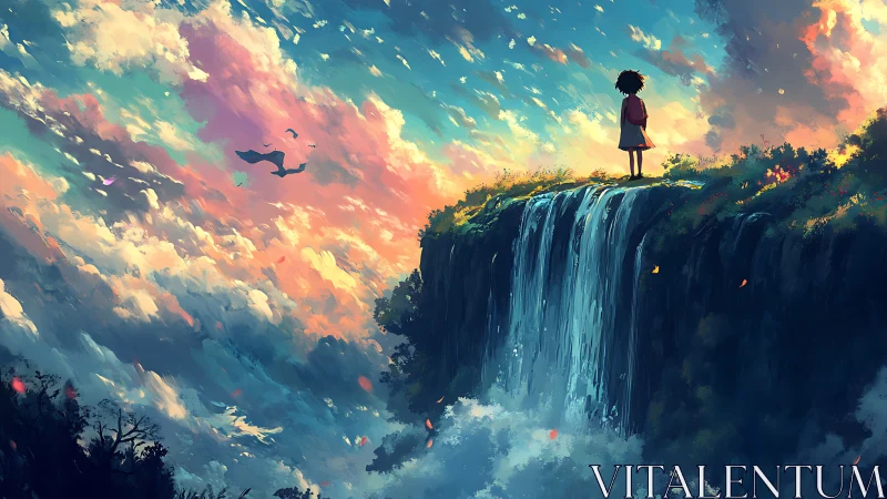 Child stands at a glowing cliffside waterfall under painted sky