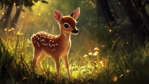 Sunlit fawn quietly discovers a glittering forest doorway