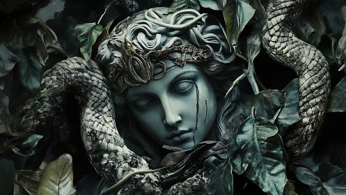Stone medusa-like statue entwined by serpent and leaves.
