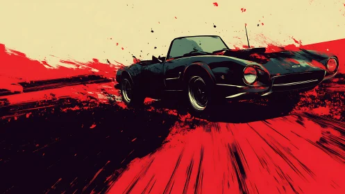 Black sports car cuts red abstract speed trails hard.