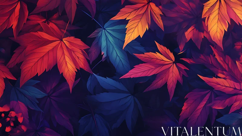 Multicolor maple foliage on deep indigo background, digital art