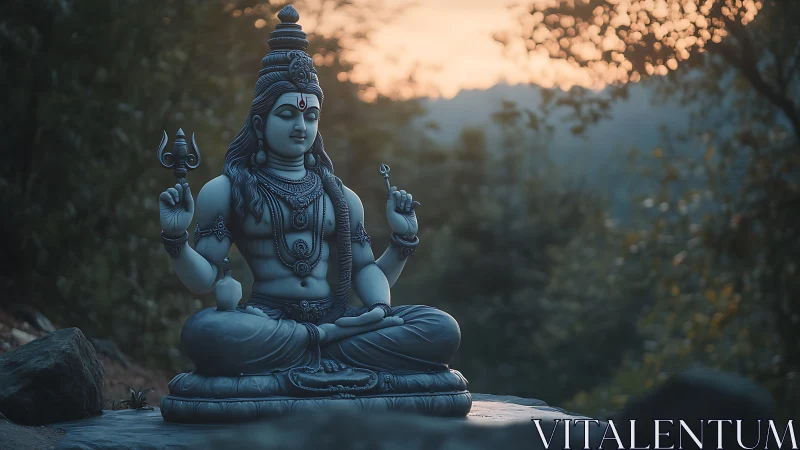 Serene stone deity statue in twilight forest ambiance.