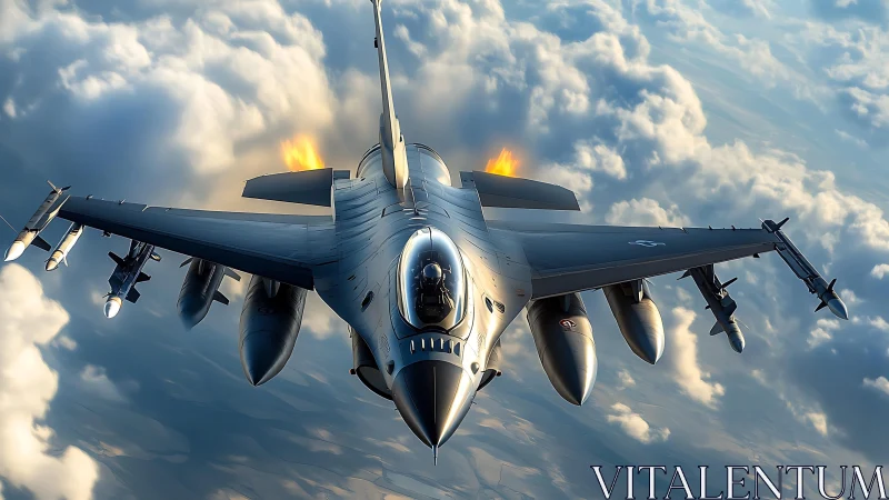 Fighter jet cuts through stormy clouds with blazing afterburners.