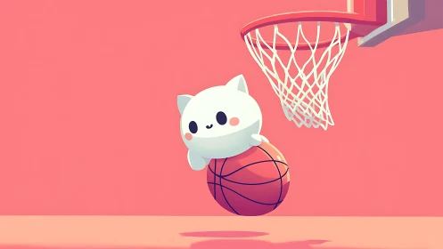 Minimal cat character holding basketball under hoop.