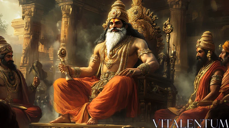 Seated royal figure in ornate golden throne within palace hall.