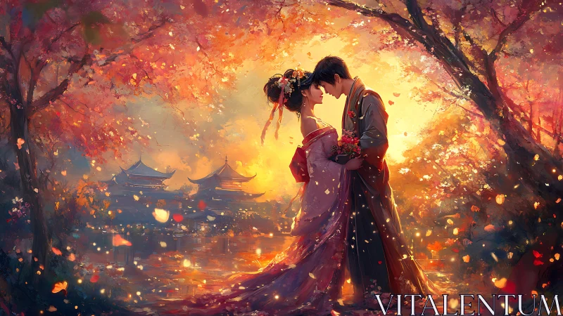 Two souls share a tender moment beneath glowing autumn trees