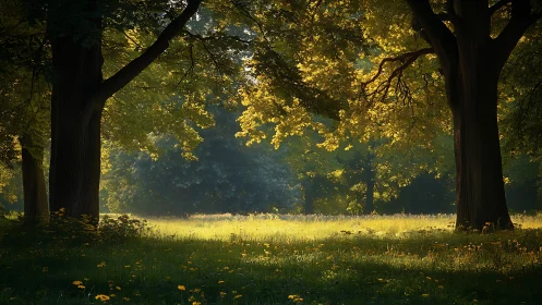 Sunlit woodland glade with glowing summer canopy
