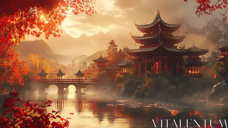 Sunlit multi-tier pagoda complex overlooks misty river