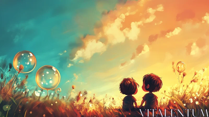Two children sit in a field watching large glowing bubbles