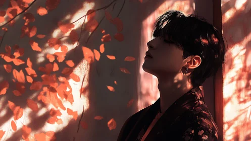 Soft autumn light cradles a quiet soul in gentle shadow.