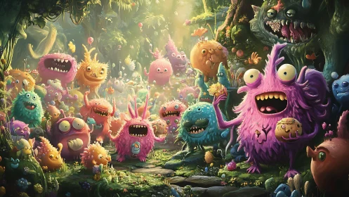 Fluffy forest monsters celebrate under glowing jungle light.
