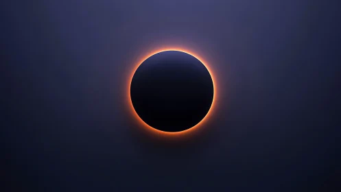 Central dark sphere with orange corona on deep gradient.