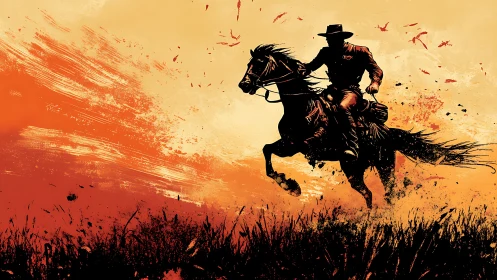 Cowboy silhouette riding through abstract orange dust.