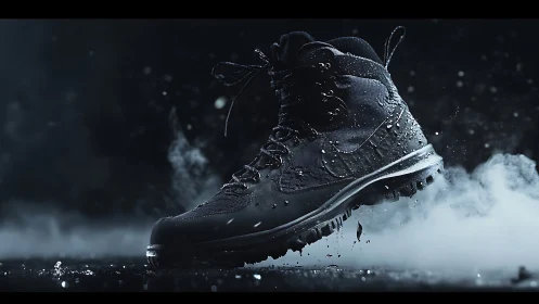 Storm-forged trail boot strides through midnight mist.