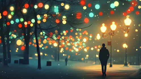 Winter night stroll under dreamy city park lights.