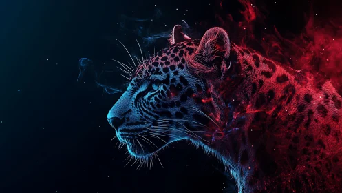 Neon Leopard Portrait with Blue and Red Light Effects