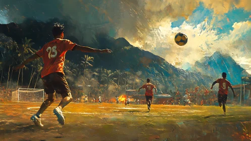 Expressive digital painting of village football under storm sky.