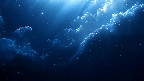 Deep blue night sky with glowing clouds and stars.