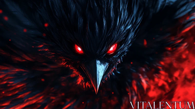 Close frontal view of dark bird with red glowing eyes.