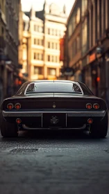 Classic black sports car parked on narrow city street.