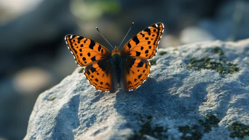 Orange butterfly rests on textured rock in natural light