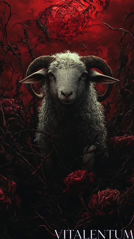 Horned white ram stands in blood red thorns and roses