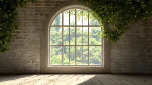 Arched window frames verdant foliage in softly lit rustic interior
