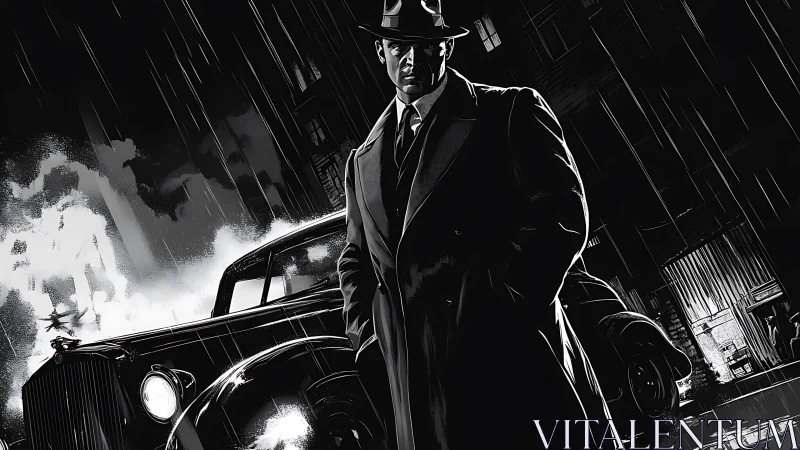 Shadowed detective waits in the rain beside a silent classic car