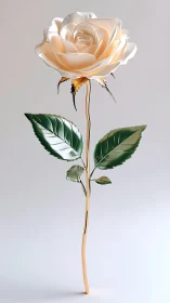 Metallic ivory rose sculpture with golden stem on soft gray.