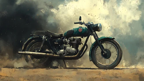 Vintage parallel-twin motorcycle rendered in textured dust plume study