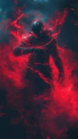 Brooding fire warrior wrapped in swirling crimson power.