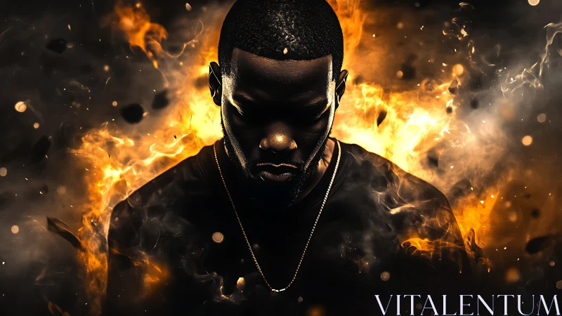 Intense male portrait framed by swirling flames and smoke.