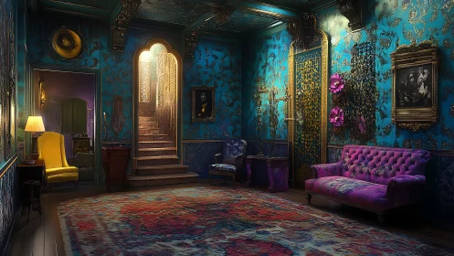 Velvet sofas trade secrets while stairway light eavesdrops