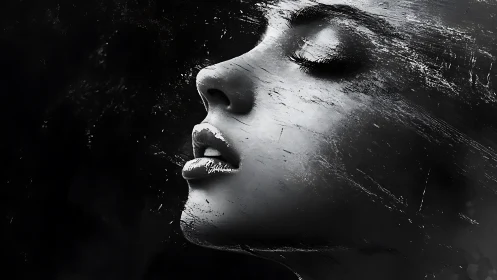 Serene side profile drifts through textured black and light