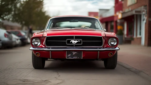 Red classic Mustang faces camera on quiet urban street