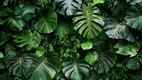 Dense tropical foliage background with layered green leaves.