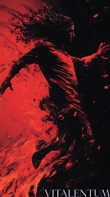 Silhouetted runner bursts through swirling red liquid