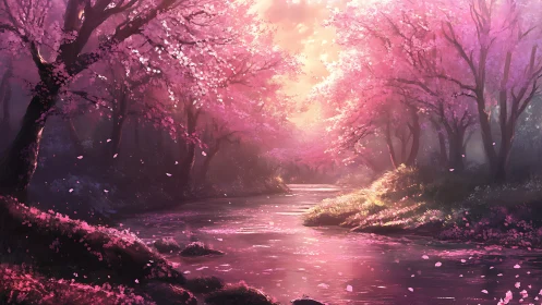Sunlit cherry blossom river glows with soft pink haze.