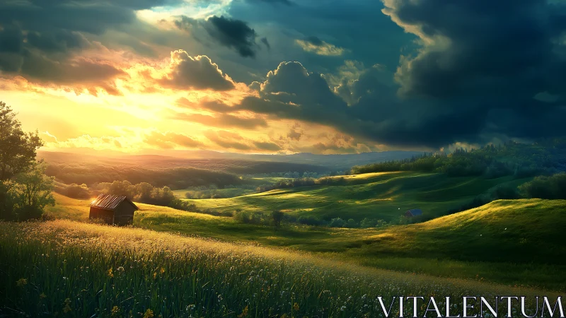 Sunrise light cuts across rolling hills and dark clouds