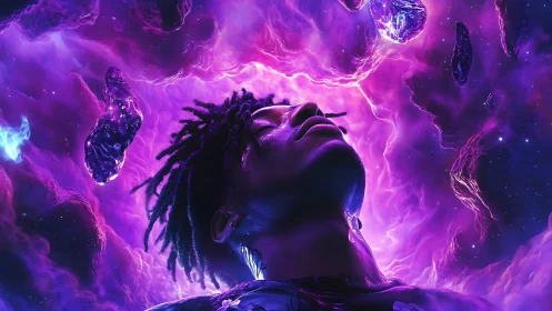 Cosmic portrait of illuminated man inside violet nebula field.