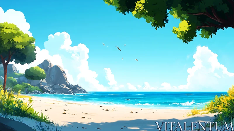 Tropical Beach Panorama with Rocky Outcrop and Cumulus Cloud Formation